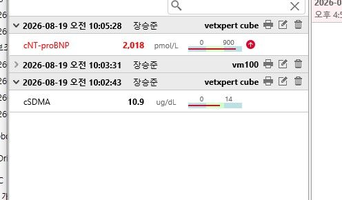 두부의 심장 수치(proBNP)와 신장 수치(SDMA) 검사 결과입니다.